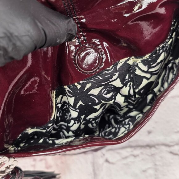 Brighton Women Tassel Shoulder Handbag Burgundy Black Cherry Patent Leather Zip - Picture 13 of 13